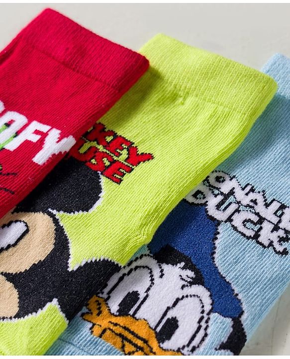 Cute Walk by Babyhug Disney  Knit Ankle Length Anti Bacterial Socks With Mickey Mouse & Friends Print Pack Of 3 - Red Light Blue & Yellow