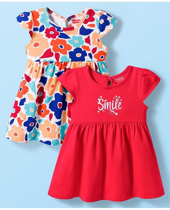 Babyhug Single Jersey Knit Cap Sleeves Frocks With Floral & Smile Print Pack of 2 - Multicolor
