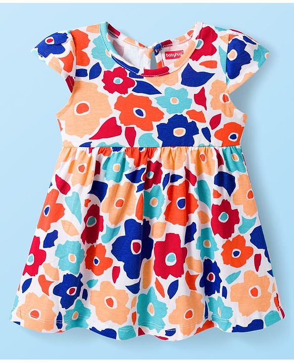 Babyhug Single Jersey Knit Cap Sleeves Frocks With Floral & Smile Print Pack of 2 - Multicolor
