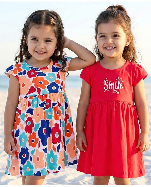 Babyhug Single Jersey Knit Cap Sleeves Frocks With Floral & Smile Print Pack of 2 - Multicolor