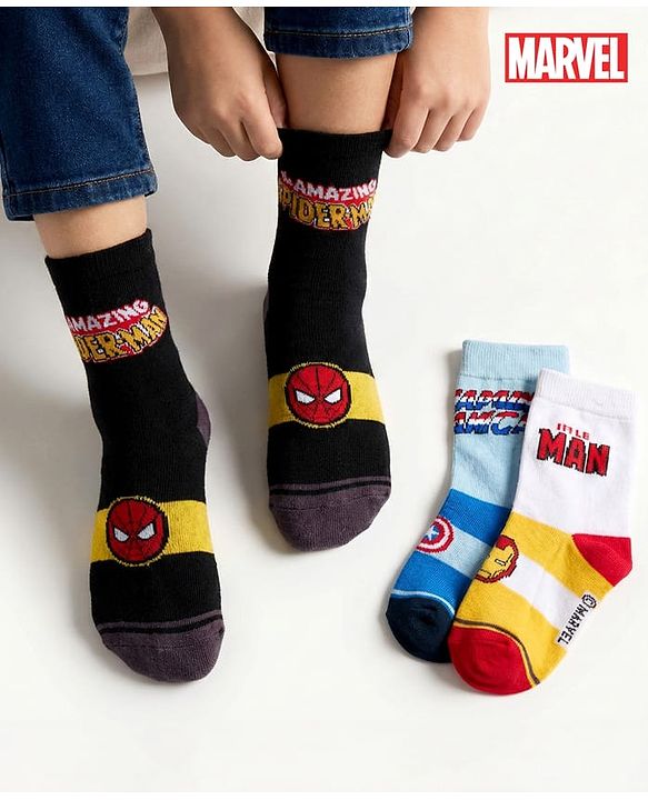 Pine Kids Marvel Non Terry Knit Ankle Length Anti Bacterial Socks With Avengers Graphics Pack of 3 - Black Light Blue & White