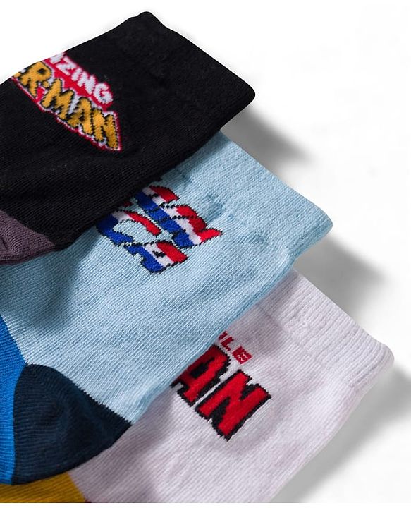 Pine Kids Marvel Non Terry Knit Ankle Length Anti Bacterial Socks With Avengers Graphics Pack of 3 - Black Light Blue & White