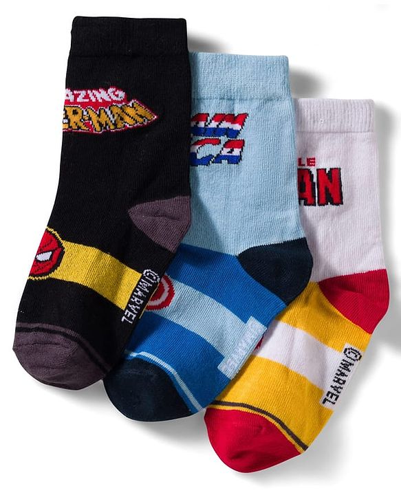Pine Kids Marvel Non Terry Knit Ankle Length Anti Bacterial Socks With Avengers Graphics Pack of 3 - Black Light Blue & White