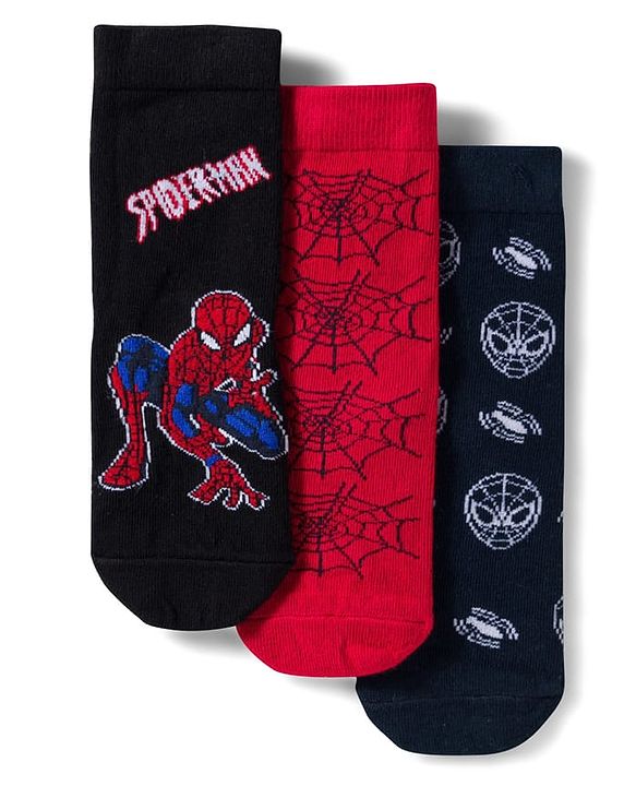 Pine Kids Marvel Non Terry Knit Ankle Length Anti Bacterial Socks With Spider-Man Graphics Pack of 3 - Red & Black
