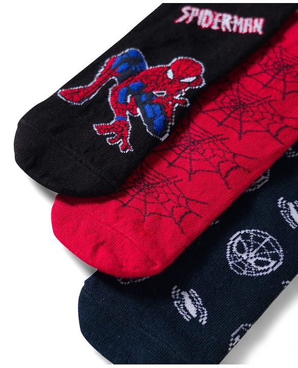Pine Kids Marvel Non Terry Knit Ankle Length Anti Bacterial Socks With Spider-Man Graphics Pack of 3 - Red & Black
