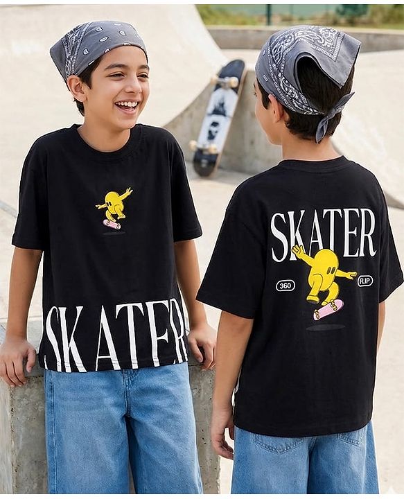 Pine Kids Cotton Knit Half Sleeves T-Shirt With Skater Print - Black