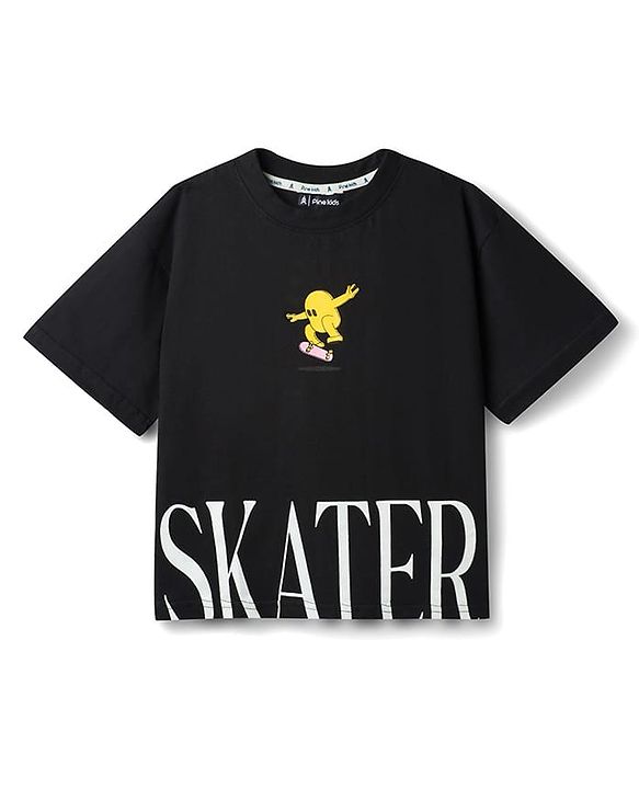 Pine Kids Cotton Knit Half Sleeves T-Shirt With Skater Print - Black