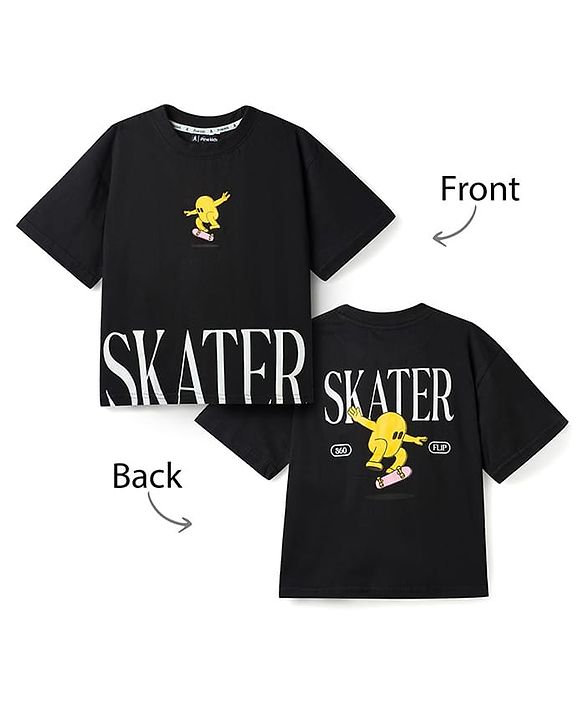 Pine Kids Cotton Knit Half Sleeves T-Shirt With Skater Print - Black