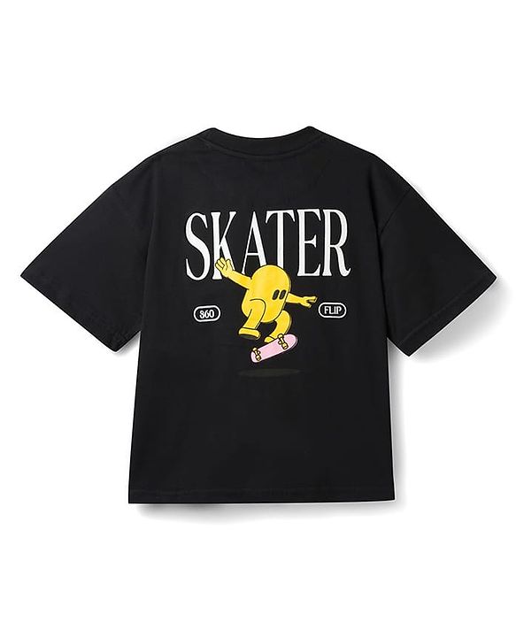 Pine Kids Cotton Knit Half Sleeves T-Shirt With Skater Print - Black