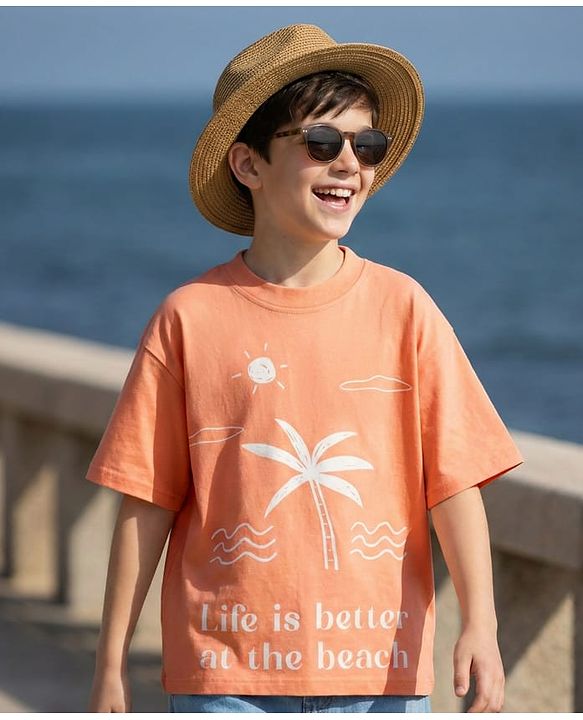 Pine Kids 100% Cotton Knit Half Sleeves Beach Theme Printed T-Shirt - Orange