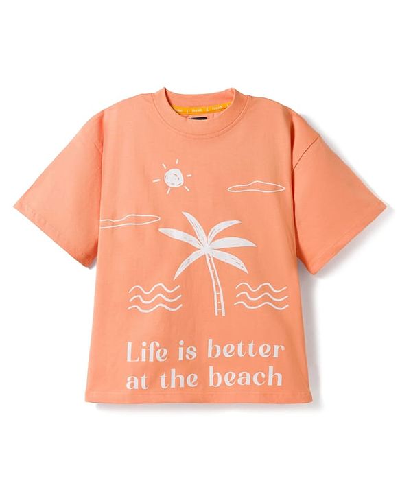 Pine Kids 100% Cotton Knit Half Sleeves Beach Theme Printed T-Shirt - Orange