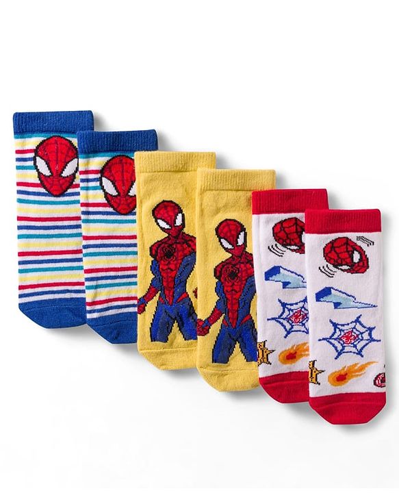 Cute Walk by Babyhug Non Terry Knit Anti Bacterial Ankle Length Socks With Spider Man Graphic Pack Of 3 - Multicolour
