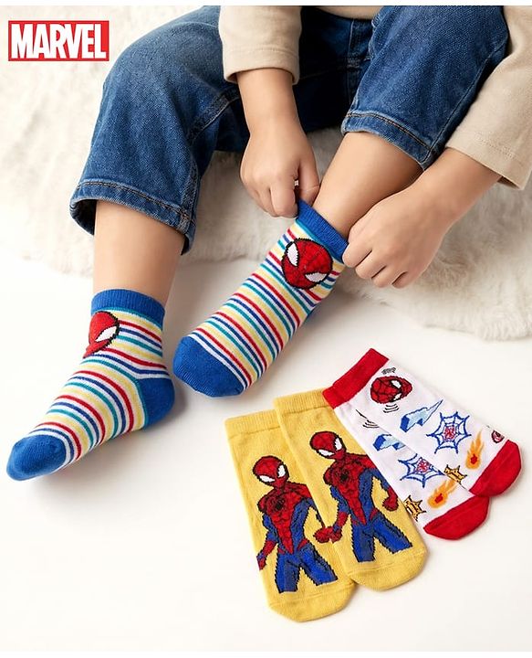 Cute Walk by Babyhug Non Terry Knit Anti Bacterial Ankle Length Socks With Spider Man Graphic Pack Of 3 - Multicolour