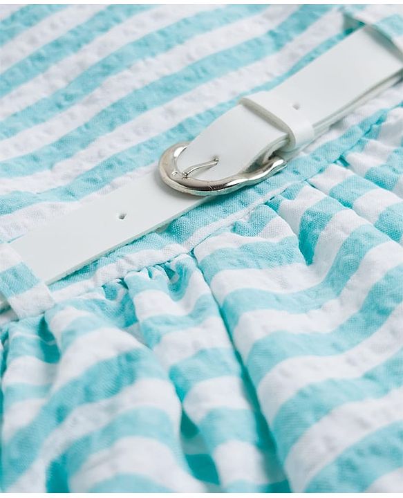 Babyhug Cotton Woven Sleeveless Striped Frock With Belt - Light Blue