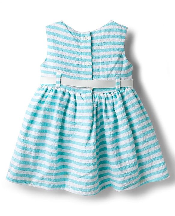 Babyhug Cotton Woven Sleeveless Striped Frock With Belt - Light Blue