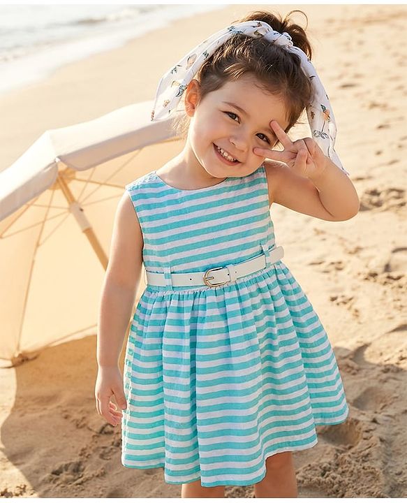 Babyhug Cotton Woven Sleeveless Striped Frock With Belt - Light Blue