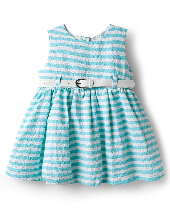 Babyhug Cotton Woven Sleeveless Striped Frock With Belt - Light Blue
