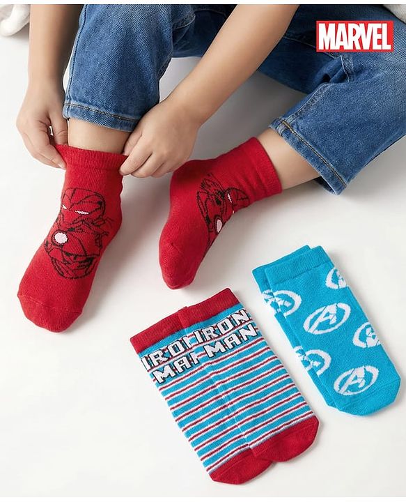 Cute Walk by Babyhug Marvel Non Terry Knit Ankle Length Anti Bacterial Socks With Avengers Graphics Pack of 3 - Multicolor
