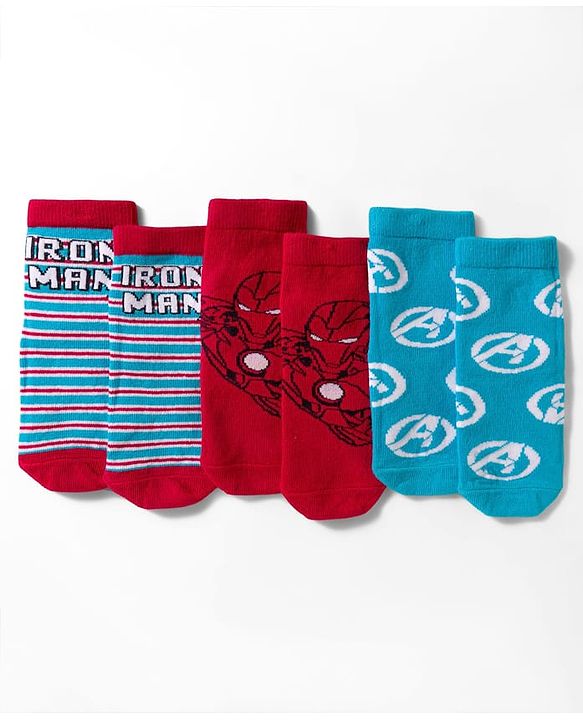 Cute Walk by Babyhug Marvel Non Terry Knit Ankle Length Anti Bacterial Socks With Avengers Graphics Pack of 3 - Multicolor