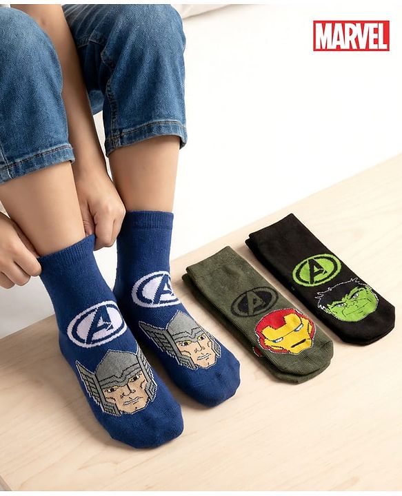 Pine Kids Marvel Non Terry Cotton Knit Anti Bacterial Ankle Length Socks With Avengers Graphic Pack of 3 - Mutlicolour