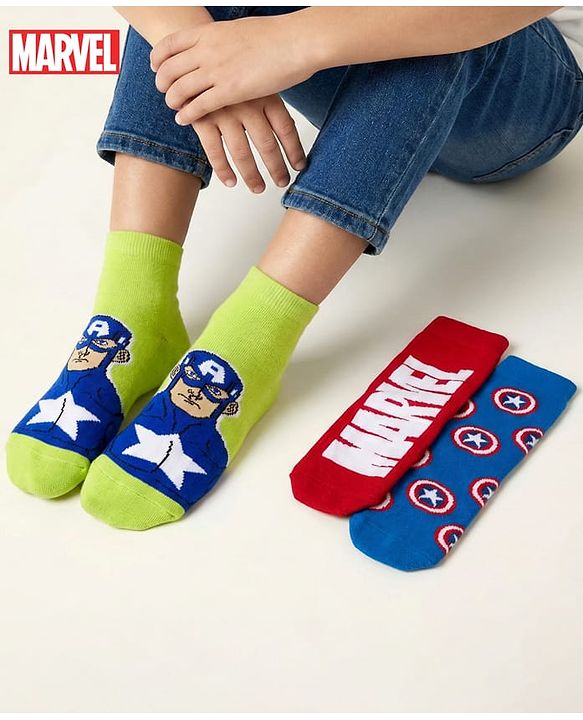 Pine Kids Marvel Non Terry Knit Ankle Length Anti Bacterial Socks With Avengers Graphics Pack of 3 - Red Blue & Green