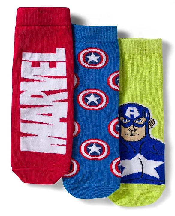 Pine Kids Marvel Non Terry Knit Ankle Length Anti Bacterial Socks With Avengers Graphics Pack of 3 - Red Blue & Green