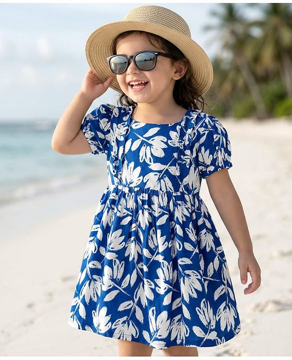 Babyhug Cotton Woven Half Sleeves Floral Printed Frock - Blue