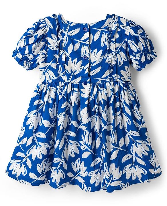 Babyhug Cotton Woven Half Sleeves Floral Printed Frock - Blue