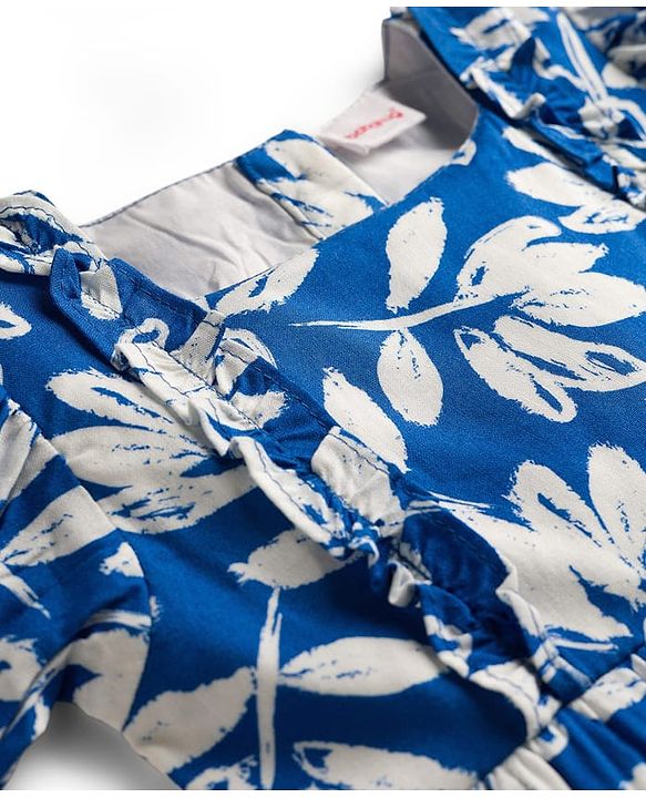 Babyhug Cotton Woven Half Sleeves Floral Printed Frock - Blue