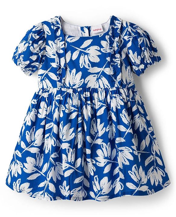 Babyhug Cotton Woven Half Sleeves Floral Printed Frock - Blue