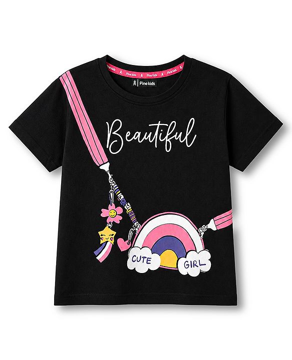 Pine Kids Cotton Knit Half Sleeves Sling Bag Printed T-Shirt -Black