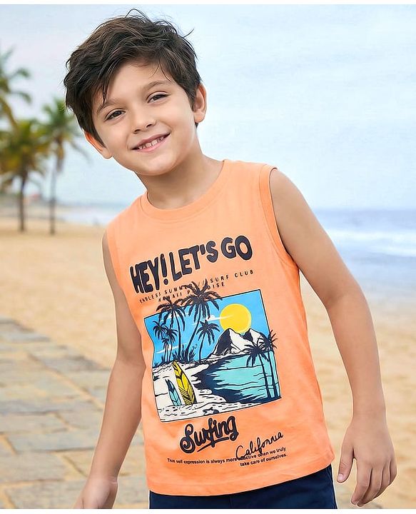 Pine Kids Cotton Knit Sleeveless T-Shirt with Beach Theme Print - Orange
