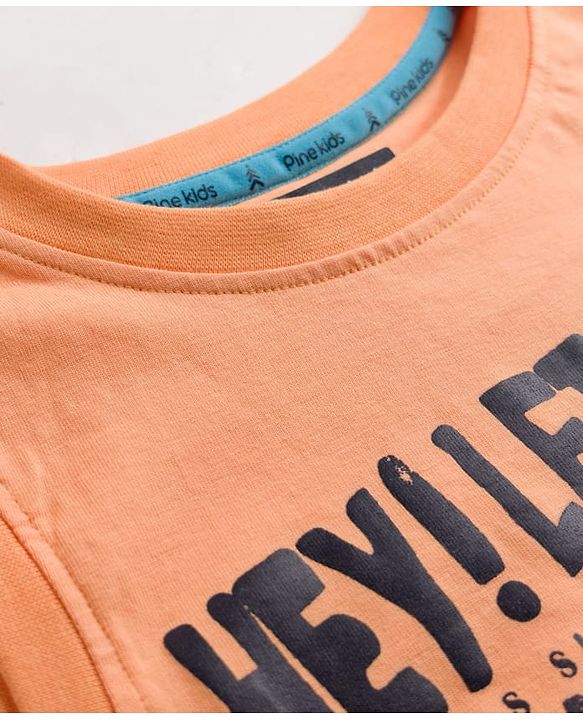 Pine Kids Cotton Knit Sleeveless T-Shirt with Beach Theme Print - Orange