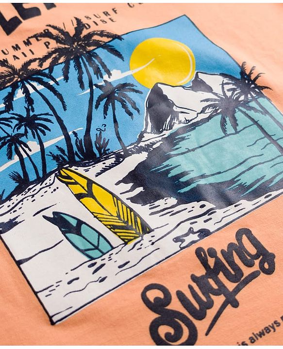 Pine Kids Cotton Knit Sleeveless T-Shirt with Beach Theme Print - Orange