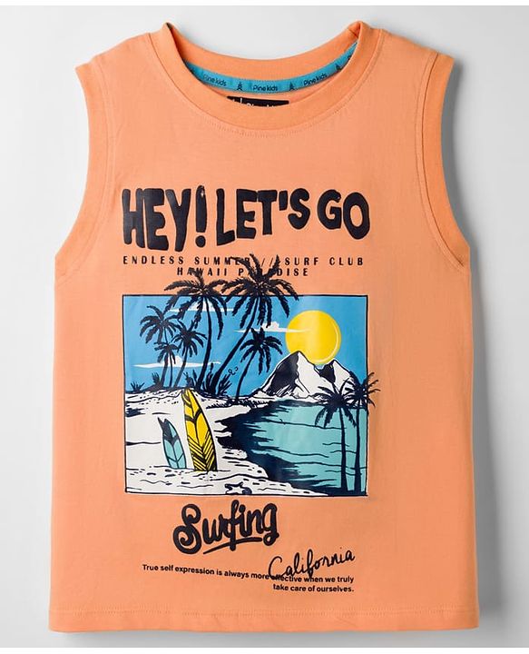 Pine Kids Cotton Knit Sleeveless T-Shirt with Beach Theme Print - Orange