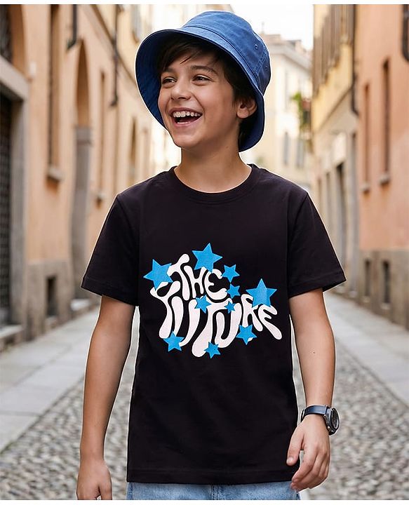 Pine Kids Cotton Knit Half Sleeves T-Shirt With Text Print - Black