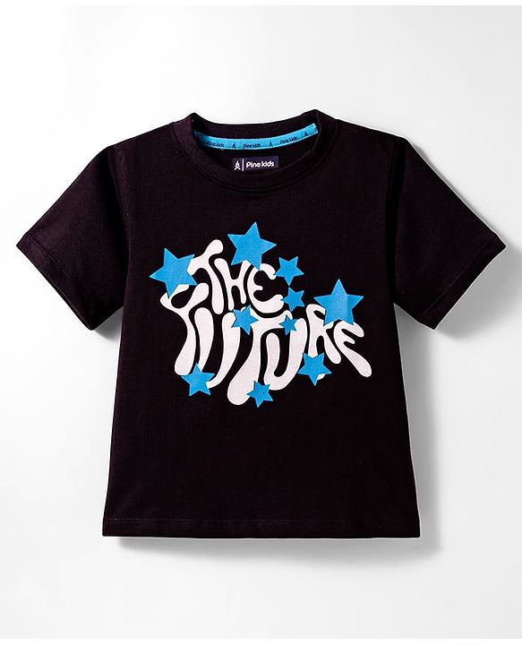 Pine Kids Cotton Knit Half Sleeves T-Shirt With Text Print - Black