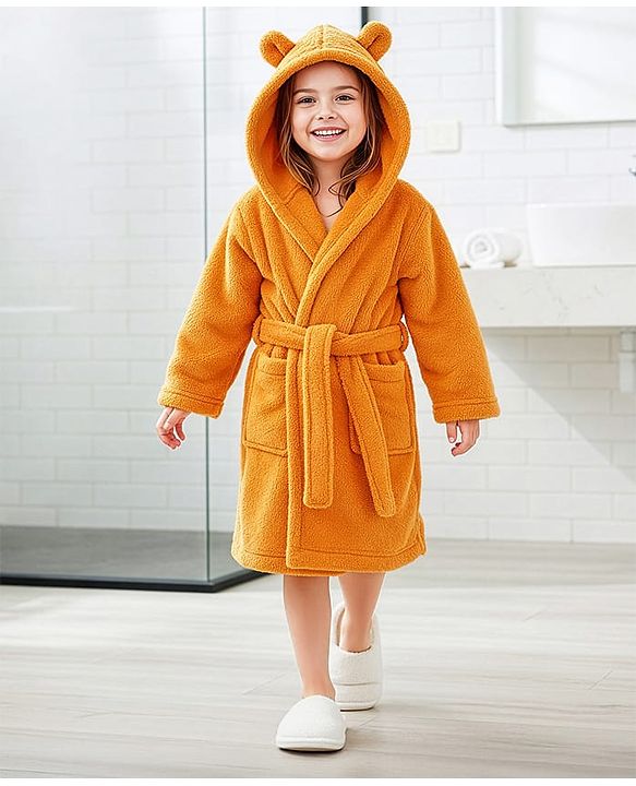 Babyhug Knit Full Sleeves Solid Hooded Bath Robe - Brown