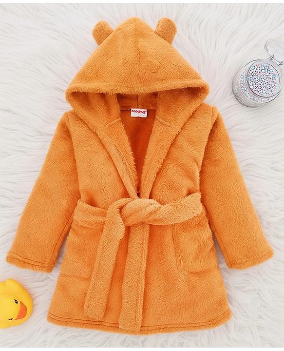 Babyhug Knit Full Sleeves Solid Hooded Bath Robe - Brown