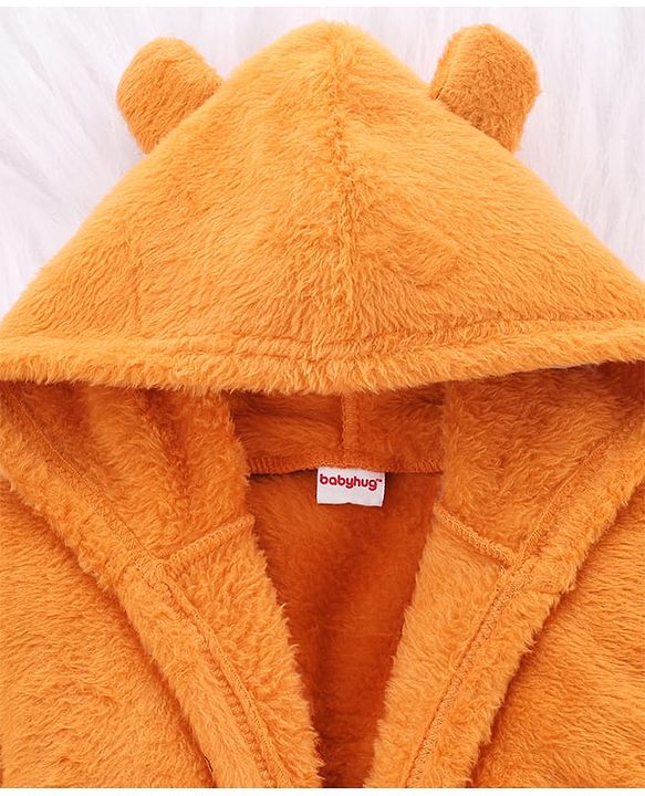 Babyhug Knit Full Sleeves Solid Hooded Bath Robe - Brown