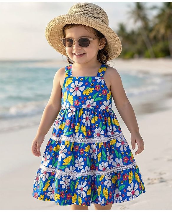 Babyhug Cotton Woven Sleeveless Frock with Floral Print - Blue