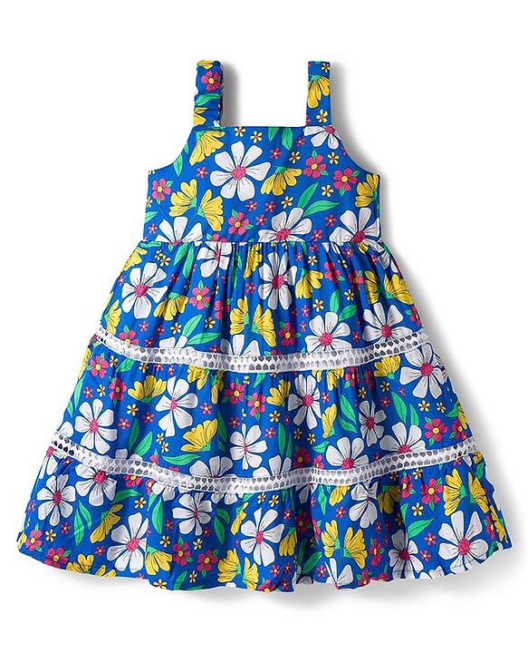 Babyhug Cotton Woven Sleeveless Frock with Floral Print - Blue