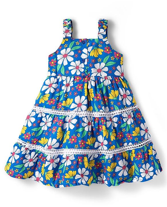 Babyhug Cotton Woven Sleeveless Frock with Floral Print - Blue