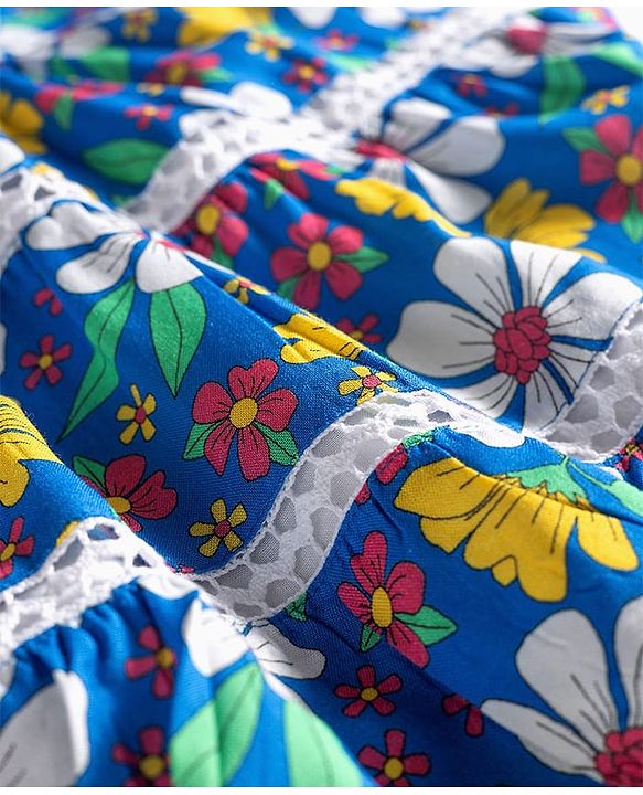 Babyhug Cotton Woven Sleeveless Frock with Floral Print - Blue