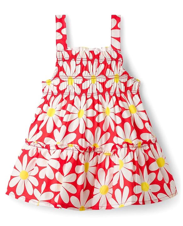 Babyhug 100% Cotton Woven Sleeveless Floral Printed Frock - Red & White