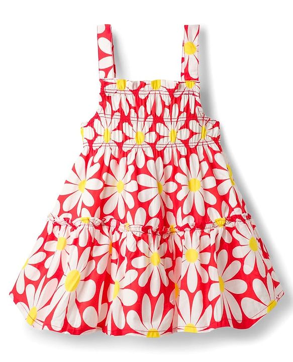 Babyhug 100% Cotton Woven Sleeveless Floral Printed Frock - Red & White