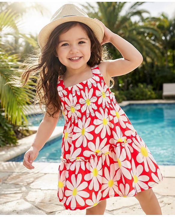 Babyhug 100% Cotton Woven Sleeveless Floral Printed Frock - Red & White