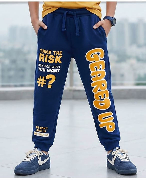 Pine Kids Terry Knit Full Length Lounge Pant with Text Print - Navy Blue