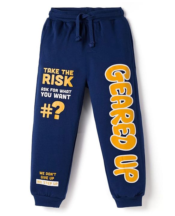 Pine Kids Terry Knit Full Length Lounge Pant with Text Print - Navy Blue