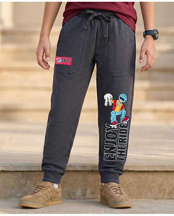 Pine Kids Terry Knit Full Length Lounge Pant With Text Print - Grey
